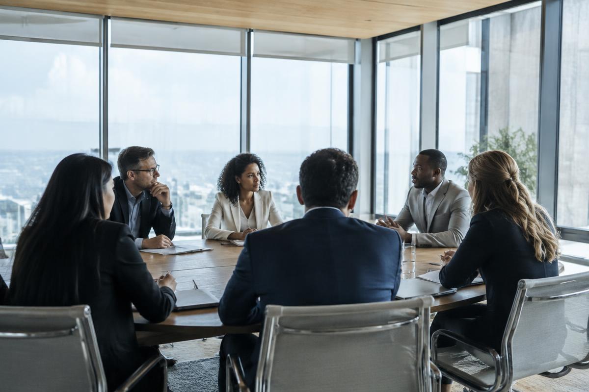 Professionals discussing strategy around a conference table